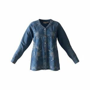 Vintage Premier International ladies floral embroidered blue jean shirt. Size Sm